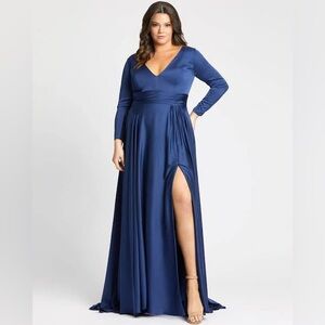Mac Duggal Gown Dress Size 14W Blue Satin V Neck Long Sleeve 55290 NWT